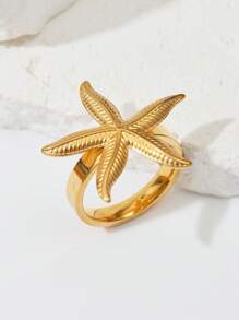 1 Peça Anel Ajustável Floral com Pérola Falsa, Concha e Estrela-do-mar, Retrô de Aço Inoxidável Dourado, Moda Verão Festa na Praia Uso Diário, Ótimo Presente para Namorada, Amiga
