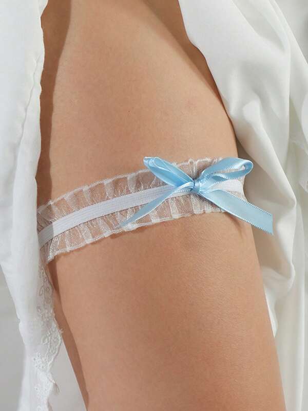 1pc White Lace Tie Garter With Blue Bow Decoration, Cute Thigh Chain For Wedding Party, Elegant Bridal Leg Strap