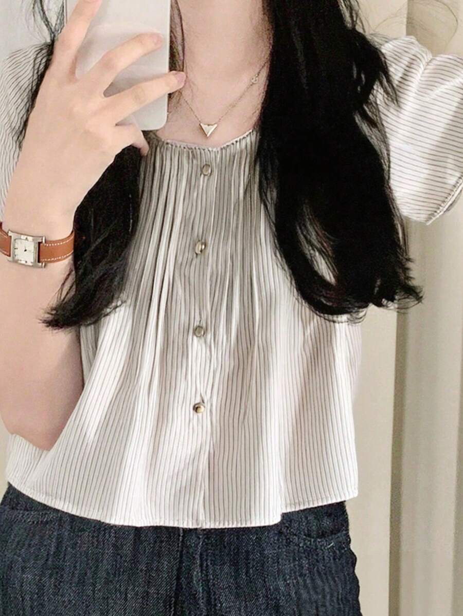 Blue Striped Ruffled Patchwork Short Sleeve Blouse, Korean Elegant Sweet Style, Button Down Summer Top For Women - Khaki - View 1