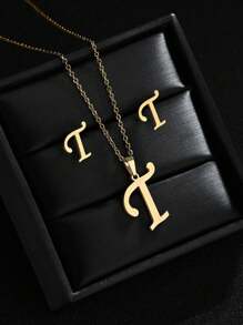 1 Set A-Z Stainless Steel Initial Necklace And Stud Earrings Jewelry Sets Alphabet Letter Pendant Chain Accessories Gifts