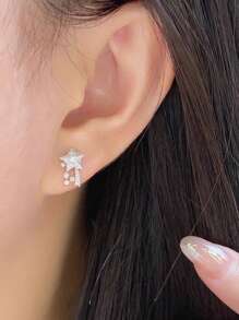 2pcs S925 Sterling Silver Fashionable All-Match Elegant Cubic Zirconia Star-Shaped Earrings, Suitable For Women's Daily Wear, Gifts, Festivals, Parties, Jewelry
