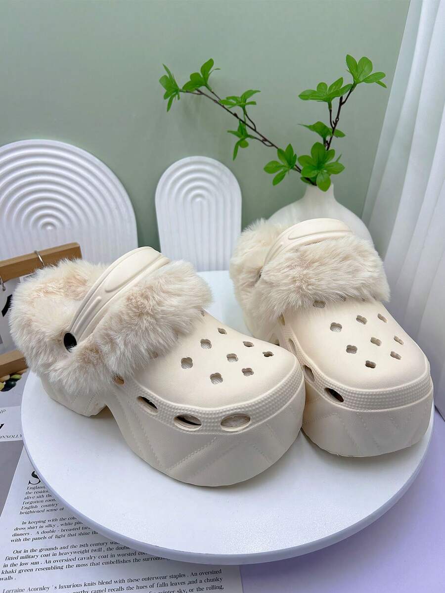 Solid Color Warm Home Slippers, Wool Warm Lining Thick Sole Anti-Slip Shoes, Winter Plush Comfortable Shoes, High Heel Sandals
