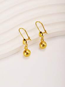 2pcs Elegant 24K Gold-Plated Rust-Proof Textured Gold Ball Pendant Earrings, Suitable For Women, Party, Ramadan, Wedding Gift - Yellow Gold - View 1
