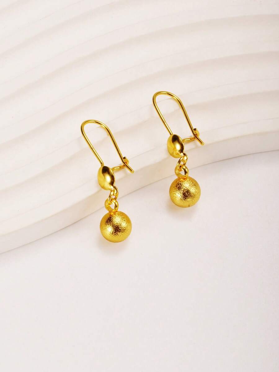 2pcs Elegant 24K Gold-Plated Rust-Proof Textured Gold Ball Pendant Earrings, Suitable For Women, Party, Ramadan, Wedding Gift - Yellow Gold - View 1