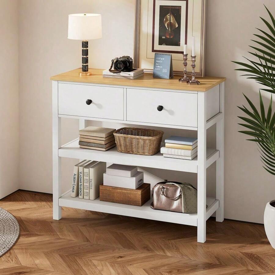 Retro Console Table With Drawers And Open Shelves, Narrow Wooden Console Table In Vintage Design For Hallway, Entrance Area And Living Room, White + Natural - White - View 1