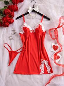 Camisón de mujer de talla grande con escote en V, encaje, diseño de bloque de color y abertura, incluye tanga. Lencería sexy para dama, vestido de camisón con tirantes
