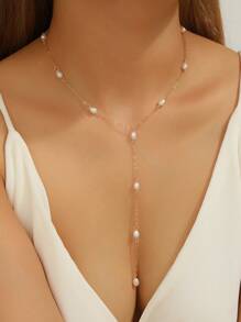 1 pieza Nuevo collar de mujer con forma de Y versátil y sencillo con perla falsa, elegante collar con borla de perla ovalada falsa