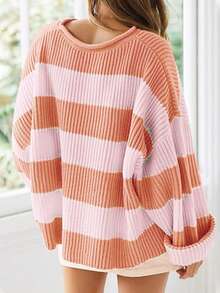 Women's Casual Oversized Contrast Striped Pattern Drop Shoulder Loose Knit Sweater - Baby Pink - View 2