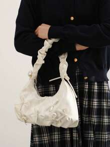 Bolso de hombro elegante para mujer con decoración de lazo de perlas, bolso de mano minimalista de unicolor de piel sintética (PU), bolso cruzado en forma de luna dulce, adecuado para compras, regalo, escuela, ir al trabajo