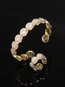 2pcs Set Luxury Elegant Smiling Face Bangle And Ring Set, Fashion Minimalist Copper Alloy Cubic Zirconia Jewelry Set, Valentine's Jewelry Gift