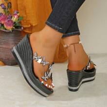 Bohemian Style Platform Wedge Transparent Crystal Studded High Heel Sandals, Fashion Casual Versatile For Summer