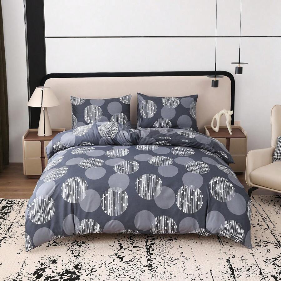 3pcs Bedding Set, Gray & White Circle Pattern Printed Duvet Cover (2*Pillowcases, 1*Duvet Cover, No Filler), Simple & Fashionable, Soft, Comfortable, Breathable, Zipper Closure, Suitable For All Seasons, Ideal For Decorating Bedroom, Guest Room And Dorm