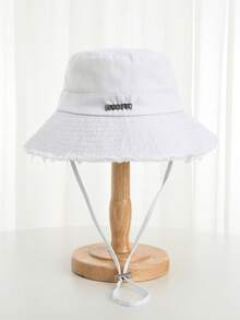 Korean Style Frayed Metal Letter Bucket Hat, Washed Vintage Rose Red Outdoor Hiking Sun Protection Cap For Women,Holiday,Travel - Hot Pink - View 17