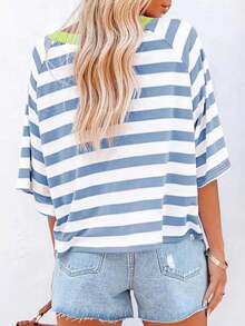 Casual Striped Round Neck Loose Short Sleeve T-Shirt For Women, Oversized Tee Suitable For Summer - Baby Blue - View 4