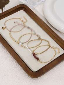 Juego de 5 pulseras elegantes ajustables con cuentas falsas de perla en capas, cuentas de cristal artificial, estilo bohemio, regalo para mujeres, uso diario, playa, vacaciones