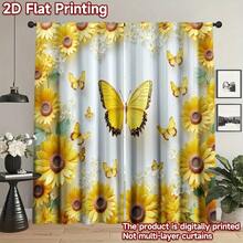 2 件向日葵和蝴蝶印花窗帘 - 鲜艳的黄色和白色设计，耐用涤纶，适用于客厅、厨房或阳台装饰（不含杆），客厅窗帘