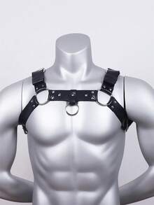 Chaleco de hombre de piel sintética negra con correa para el hombro, accesorio gótico masculino con correa ajustable, regalo del Día de San Valentín, elección de looks de temporada de fiestas - Negro - Ver 2