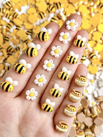 20 pièces Accessoires de Nail Art mélangés au hasard en ABS, petites abeilles jaunes de dessin animé, bocaux de miel mignons, fleurs, style doux, accessoires DIY