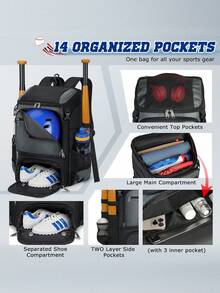 NUBILY Baseball Backpack For Youth & Adults - Lightweight Softball Bag With Shoe Compartment & Fence Hook | Bat Bag With Helmet Holder | Multi-Functional Sports Backpack For T-Ball & Training - Xám - Xem 5