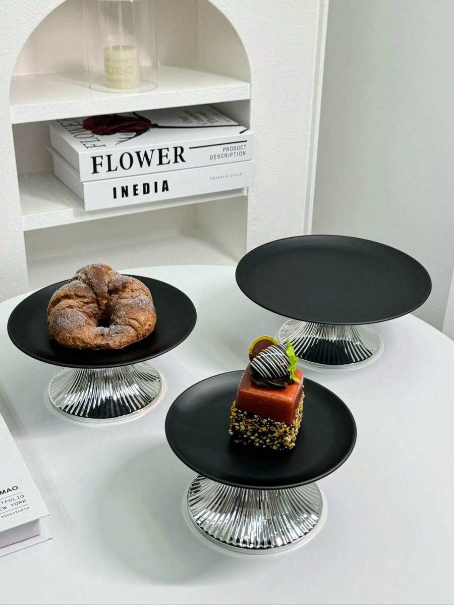 1pc Stainless Steel Cake Stand With Elegant Base, Dessert Display Plate, Multi-Function Fruit Tray, Suitable For Table Decoration, Home And Kitchen Dining Plate, Eid Al-Fitr Use - Black - View 1