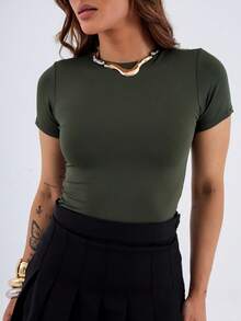 Women's Suplex Blouse, Short Sleeve, Fitted, Basic, Comfortable, Lined - Verde militar - Ver 3