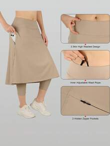 RUNONWHEELS 5 Quần thể thao nữ cạp cao dài đến đầu gối có túi, thích hợp cho tennis mùa hè. - Màu Khaki - Xem 5