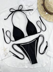 Women's Sexy Black Trim Crop Top Halter Bikini Set, Summer Beach