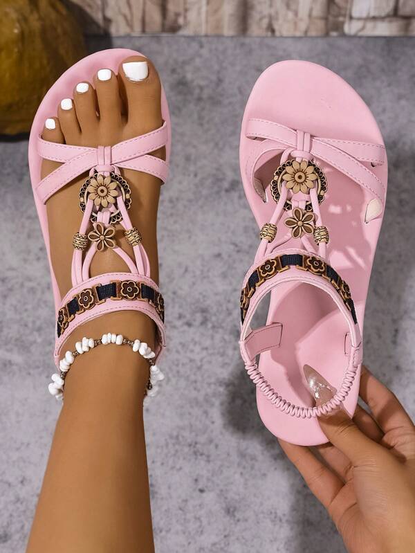 Women's Flat Sandals, Boho Beaded Floral Beach Shoes