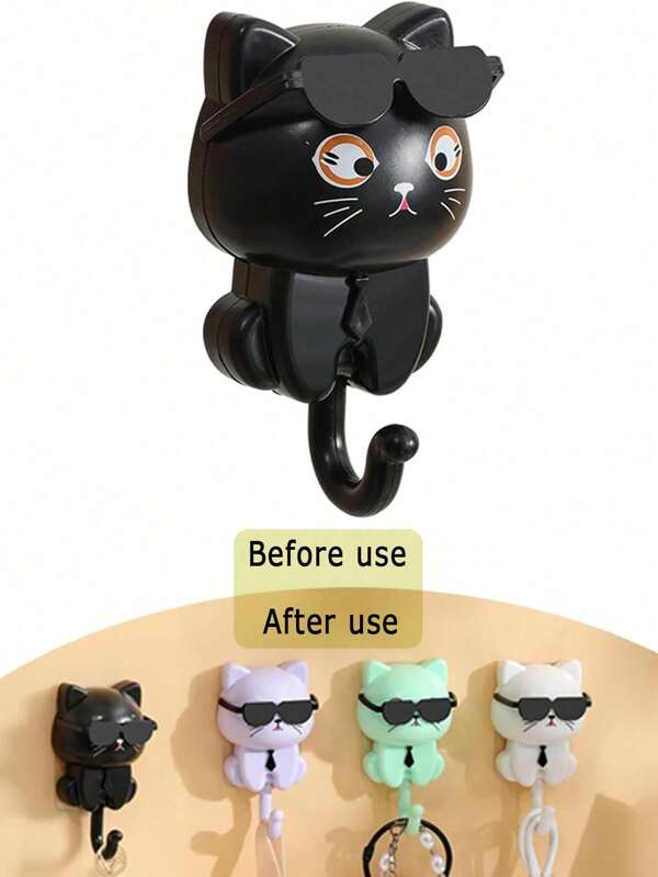 Creative Cartoon Cat Shaped Keychain Hook, Paste Wall Hanging, No Drilling, Easy To Install, Plastic Casual Style Coat Rack With Glasses Gravity Function, Suitable For Home, Kitchen, Bathroom, Bedroom, Office - Casual Style Wall-Mounted Plastic Keychain Rack, Easy To Install, Can Hang Hats, Keys, Towels, Scarves, Bags, No Hole Punching Home Bathroom Decoration, Bathroom Storage For All Seasons