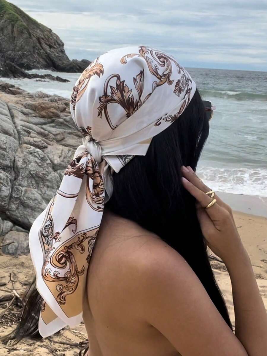 1pc New Bohemian Style Vintage Palace Flower Print Women's Bandana, Fashion Casual Multifunctional Scarf/Shawl For Sun Protection, Suitable For Daily Wear, Spring/Summer - White - View 1