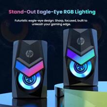 HP صوت الكمبيوتر DHE-6000 مكبر صوت صغير لا يشغل سطح المكتب تأثير إضاءة RGB جهير مرتفع ضبط مستوى الصوت سلكيًا من النوع الأسطواني التوصيل والتشغيل التوافق الذكي أسود