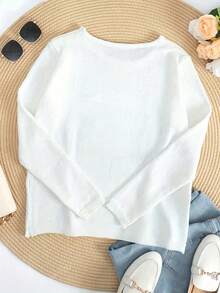 Women Sweater, Women Vacation Round Neck Pullover Sweater, Knit Apparel, Solid Color, Comfortable For All Seasons, Summer Women Clothing - 白色 - 查看 2