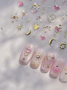 1pc Gold Totem Pink Heart Nail Art Stickers, Aurora Holographic Nail Decals, For Nail Art Design, Rhinestones, 5D Self-Adhesive, Nail Accessories For Women, Aesthetic Nail Art