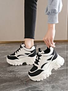 女士休闲户外时尚系带厚底运动鞋 - 黑與白 - 查看 1