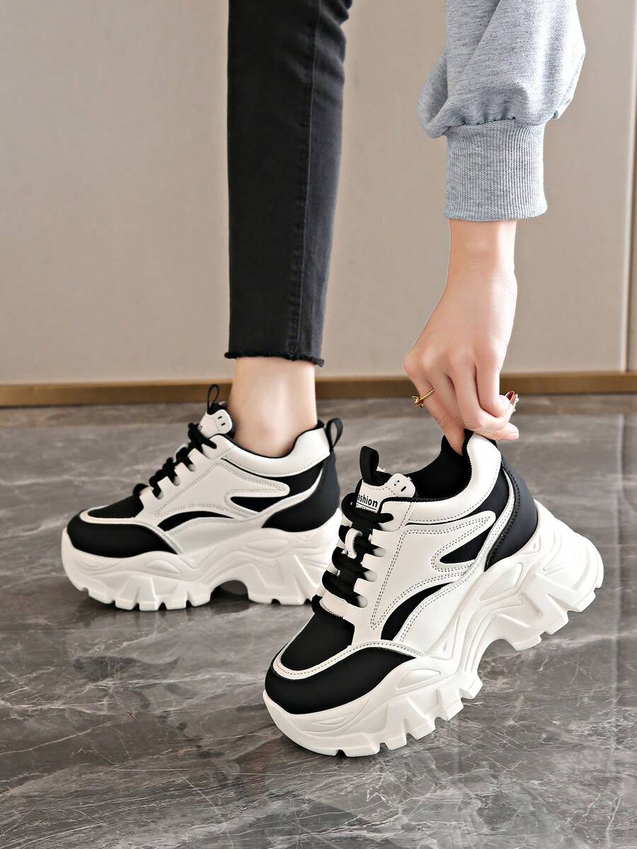 女士休闲户外时尚系带厚底运动鞋 - 黑與白 - 查看 1