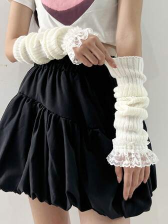 1 Pair Women's Black Lace Edge Arm Sleeves, Autumn & Winter Warm Knit Knitted Gloves, Lolita Princess Style, Suitable For Dating/Daily Wear Cold Gloves Y2k Valentine's Day