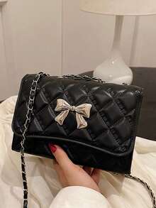 Mini Fashionable Bow Quilted Shoulder Bag With Flap, Elegant Simple Small Chain Shoulder Bag , Old Money - Black - View 2