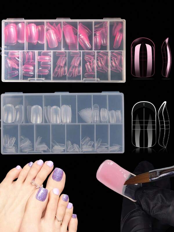 150PCS Transparent/Pink Polymer Gel Toe Nail Shape Kit, 15 Sizes Reusable Double Shape Extension Mold, Acrylic Full Set Of Toe Mold Nail , Suitable For Nail Salons And DIY