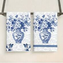 2 Pieces Set Of Kitchen Towels With Classic Retro Color Patterns Of Blue And White Porcelain, Blue And White, Soft And Absorbent Decorative Polyester Dishwashing Towels, Machine Washable, Size 40 * 60cm, Suitable For Decoration In Kitchens, Restaurants, Family Banquets And Parties, And Can Also Be Given As Gifts.