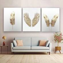 3 Stücke goldene Federn Engelsflügel moderne Poster Wandkunst, Bilder, Leinwandmalerei, ideal als Geschenk für Raumdekoration Wohnheim, Badezimmerdekoration, ohne Rahmen 50x70cm