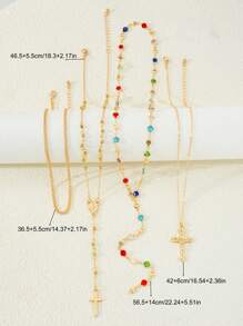 4/3/1 Set modischer, sexy, übertriebener vintage Kreuz, Seestern, Blumen, bunte Perlenimitation, Kristall-Geometrie-Muster Kupfer-Halsketten-Set für Frauen, Strand, Date, Party, Geschenke, alltägliches Styling
