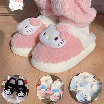 Sanrio Pantofole in cotone Sanrio Hello Kitty Cat, pantofole vintage con cappuccio in pelliccia, pantofole in cotone da donna calde per interni, pantofole invernali in cotone Kuromi, pantofole in cotone casual autunnali e invernali, pantofole in pelliccia con suola spessa e soffice.