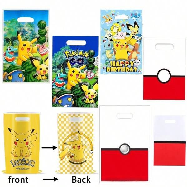pokemon 10 pièces Sacs en plastique thème Pokeball Pikachu, sacs fourre-tout réutilisables pour fête d'anniversaire sur le thème du film/jeu, décoration de Noël, Halloween et emballage de cadeaux