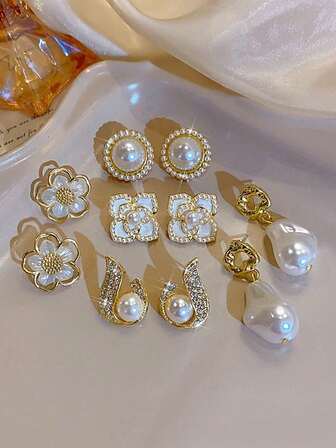 5 对优雅复古法式几何仿珍珠花卉耳钉套装，时尚奢华设计耳环首饰适合女性日常和节日佩戴