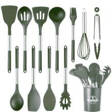 12/14 pièces Set d'ustensiles de cuisine en silicone, Set d'ustensiles de cuisine, Set d'outils de cuisine, Set de fournitures de cuisine, comprend un seau de rangement, une spatule de cuisson anti-adhésive, des pinces, des ustensiles de cuisine lavables modernes, des essentiels de cuisine, cadeau de Noël/Halloween