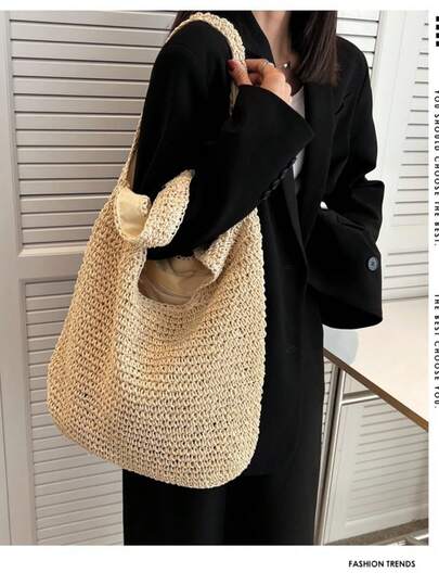 Straw Underarm Bag, Fashionable & Versatile Tote Bag