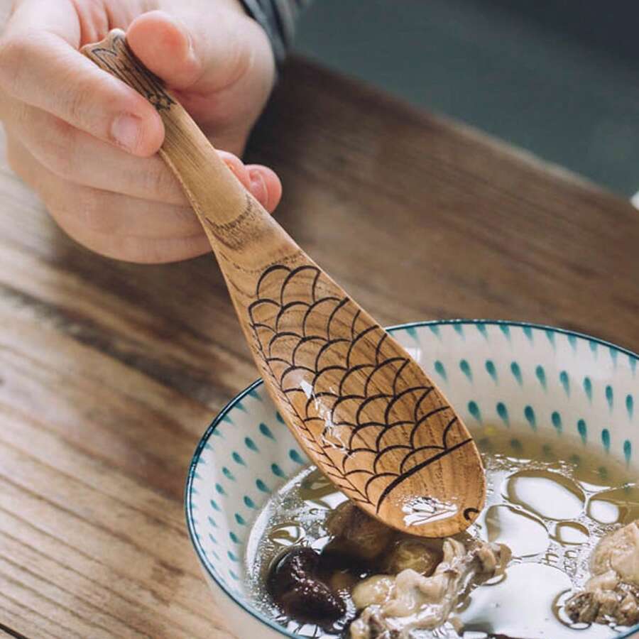 Japanese Fish Carved Wooden Spoon - Handcrafted Sushi Rice Paddle With Koi Design, School Supplies - Beige - View 1