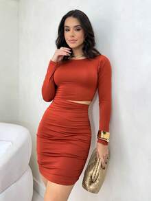 Women's Elegant Long Sleeve Pleated Suplex Dress 36-40 In Solid Color For Winter And Summer (Brown,L) - Bronze - View 1