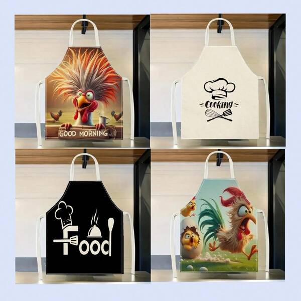 1pc Cutlery With Rooster Pattern Apron, Creative And Fun Stylish Printing House Cleaning Apron, Waterproof Oil Easy Cleaning Kitchen Cooking Apron, Creative Home Apron, Work Uniform