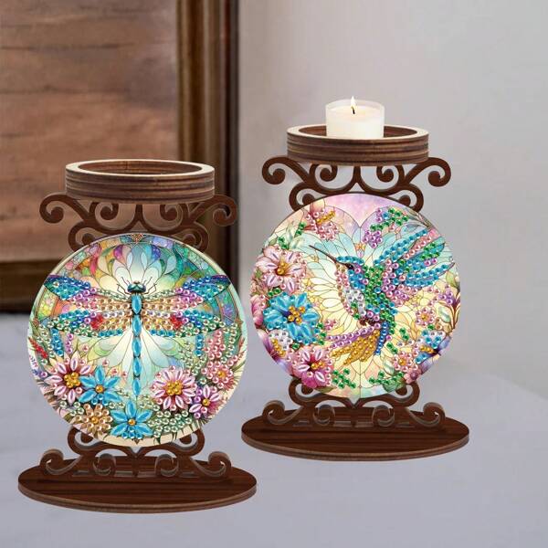 2 Stück Diamant Malerei Kerzenhalter Sets, Libelle und Kolibri DIY geformte Kristall Diamant Teilmalerei, Holz Kerzenhalter für Heimdekoration Geschenk